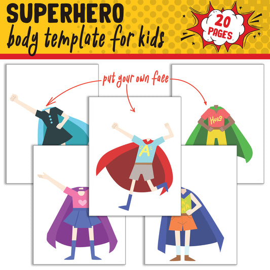 Superhero Body Template Set with Customizable Faces, 20 Pages, PDF, Instant Download for Kids (PreK to 6th Grade)