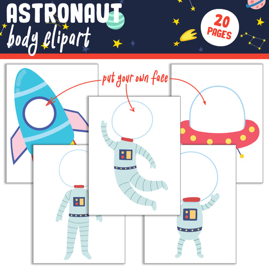 Personalize Your Space Adventure: Astronaut Body Clipart Set with Face Insert, 20 Pages, PDF, Instant Download for Kids (PreK to 6th Grade)