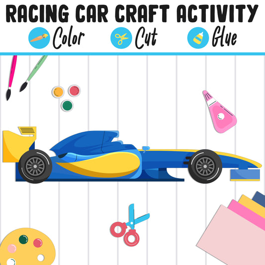 Racing Car Craft Activity - Color, Cut, and Glue for PreK to 2nd Grade, PDF File, Instant Download