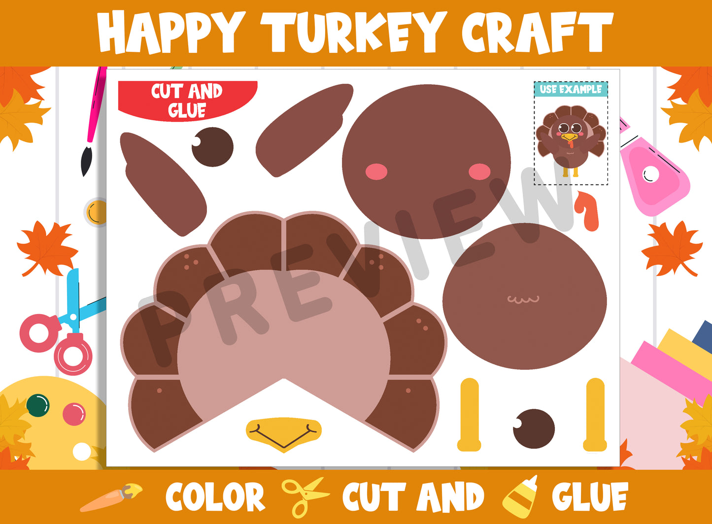 Happy Turkey, Thanksgiving Craft Activity - Color, Cut, and Glue for PreK to 2nd