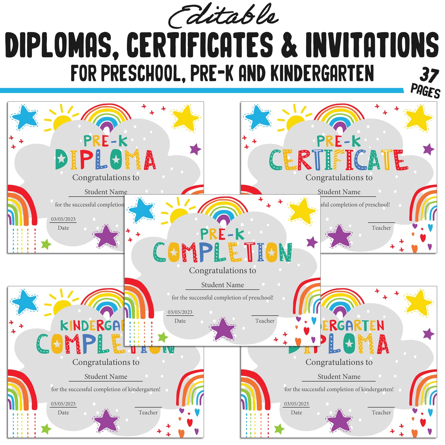 37 Editable Printable Pre-K, Kindergarten, and Preschool Diplomas, Certificates, and Invitation Templates (PDF File) - Instant Download