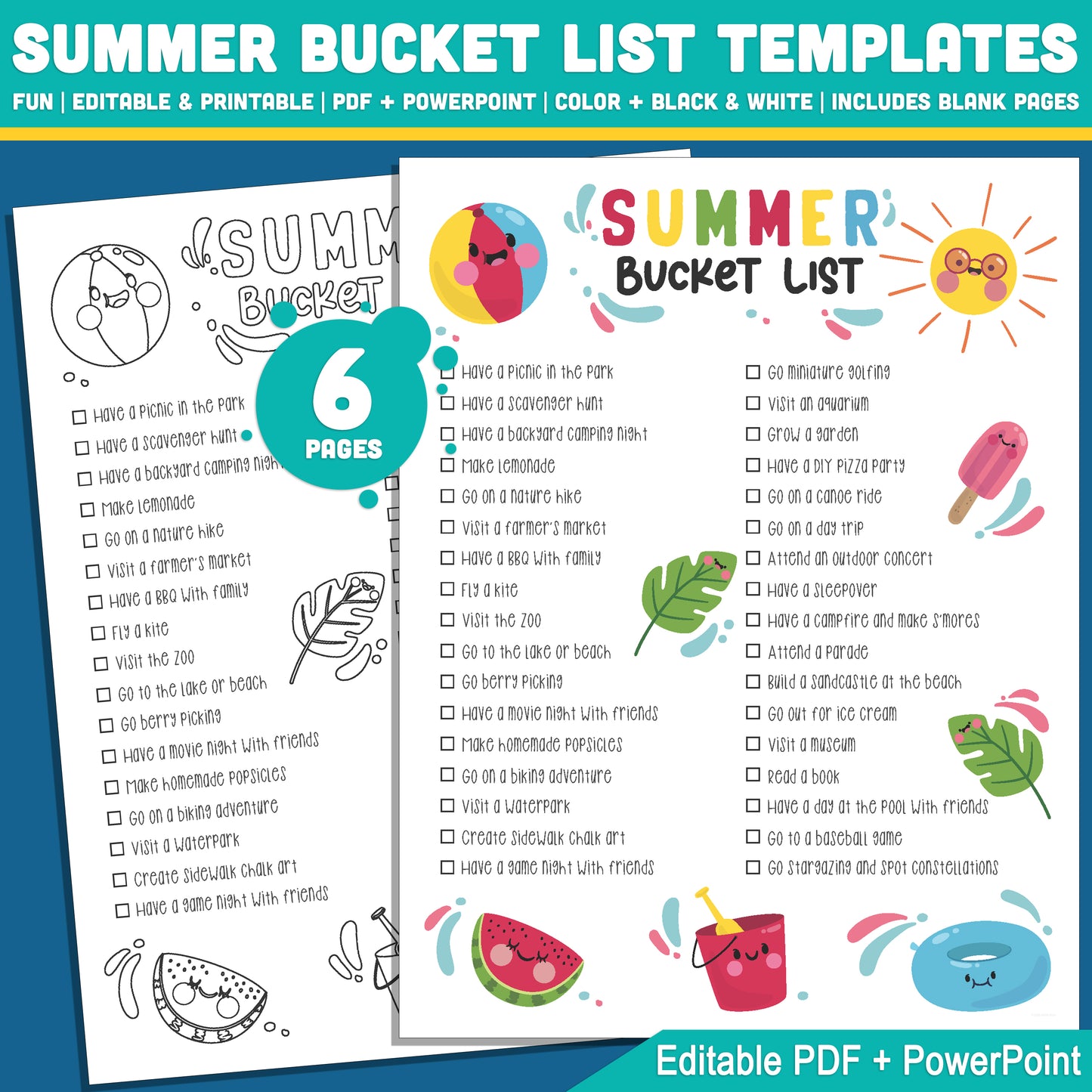 Printable Editable Summer Bucket List for Classroom: Kids' Activity Sheet in PDF & PowerPoint, Black & White and Color, Instant Download
