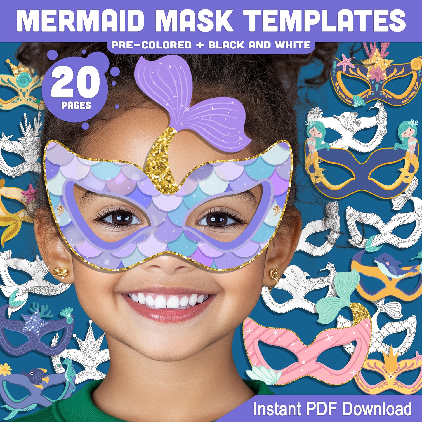 DIY Mermaid Mask Templates: 20 Printable Pages for Kids, Pre-Colored & Black-and-White, Fun for Birthdays, Costumes, and Dress-Up Play, Instant PDF Download