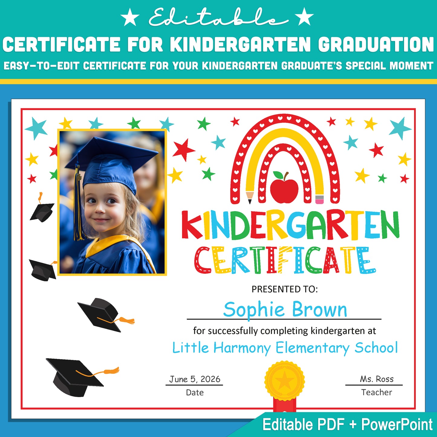 Printable Kindergarten Moving Up Certificate with Photo – Editable Rainbow Graduation Template in PowerPoint & PDF, End of Year Recognition