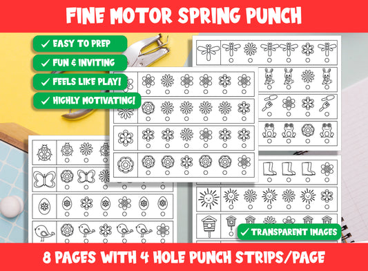 Fine Motor Spring Punch, Spring Hole Punch Activities for Task Boxes & Tubs, 8 Pages, 4 Strips/Page, PDF File, Instant Download.
