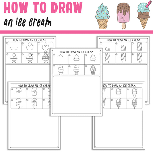 How To Draw an Ice Cream, Directed Drawing Step by Step Tutorial, Includes 5 Coloring Pages, PDF File, Instant Download