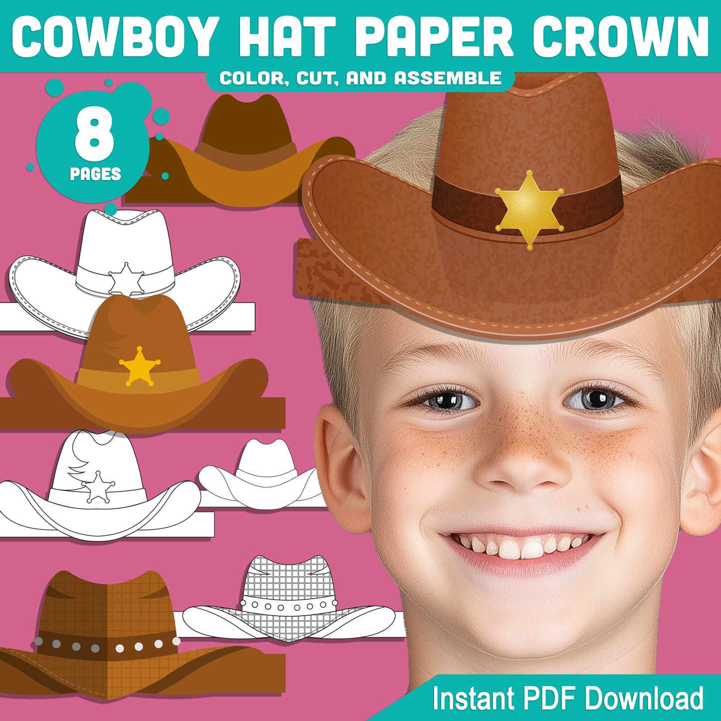 Cowboy and Cowgirl Paper Hat Crowns β Western-Themed Headband Crafts for Kids, 4 Designs, Pre-Colored & Black and White, PDF