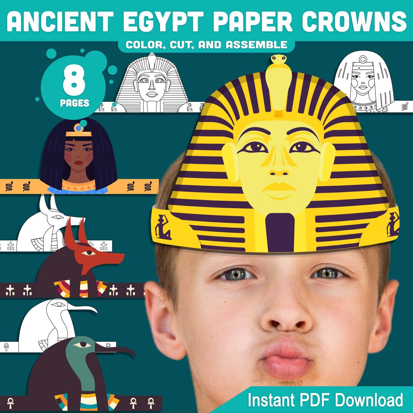 Ancient Egypt Crown Templates – Fun Printable Kids Craft with Pharaoh, Cleopatra, Anubis & Thoth Designs, Easy DIY Headbands, PDF Instant