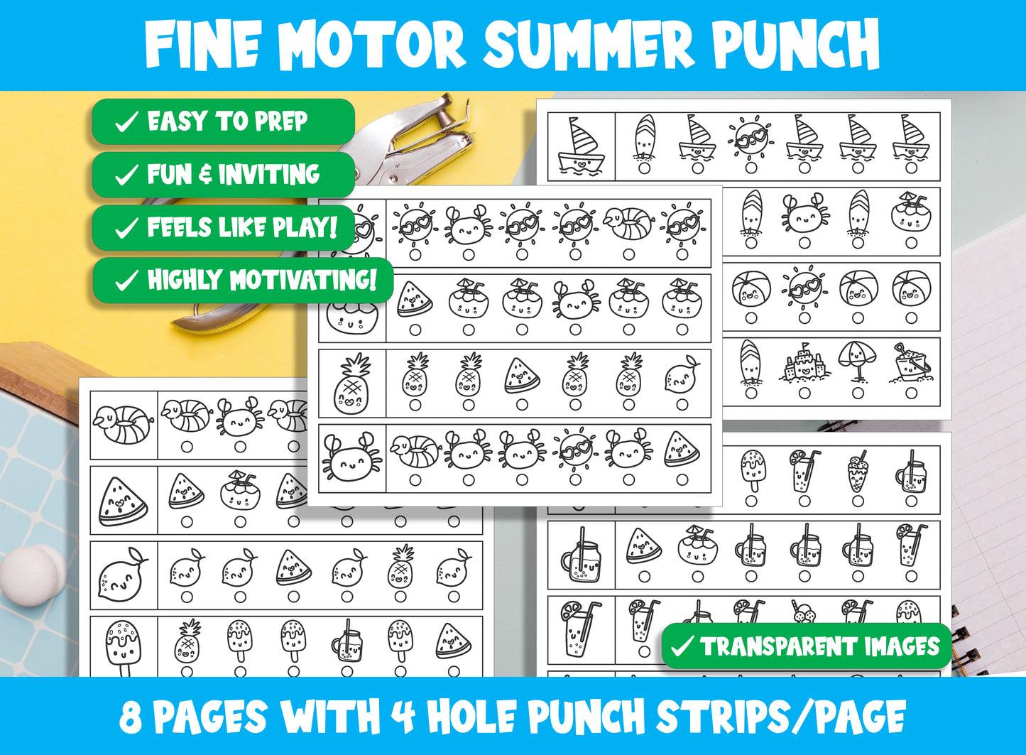 Fine Motor Summer Punch, Summer Time Hole Punch Activities for Task Boxes & Tubs, 8 Pages, 4 Strips/Page, PDF File, Instant Download.