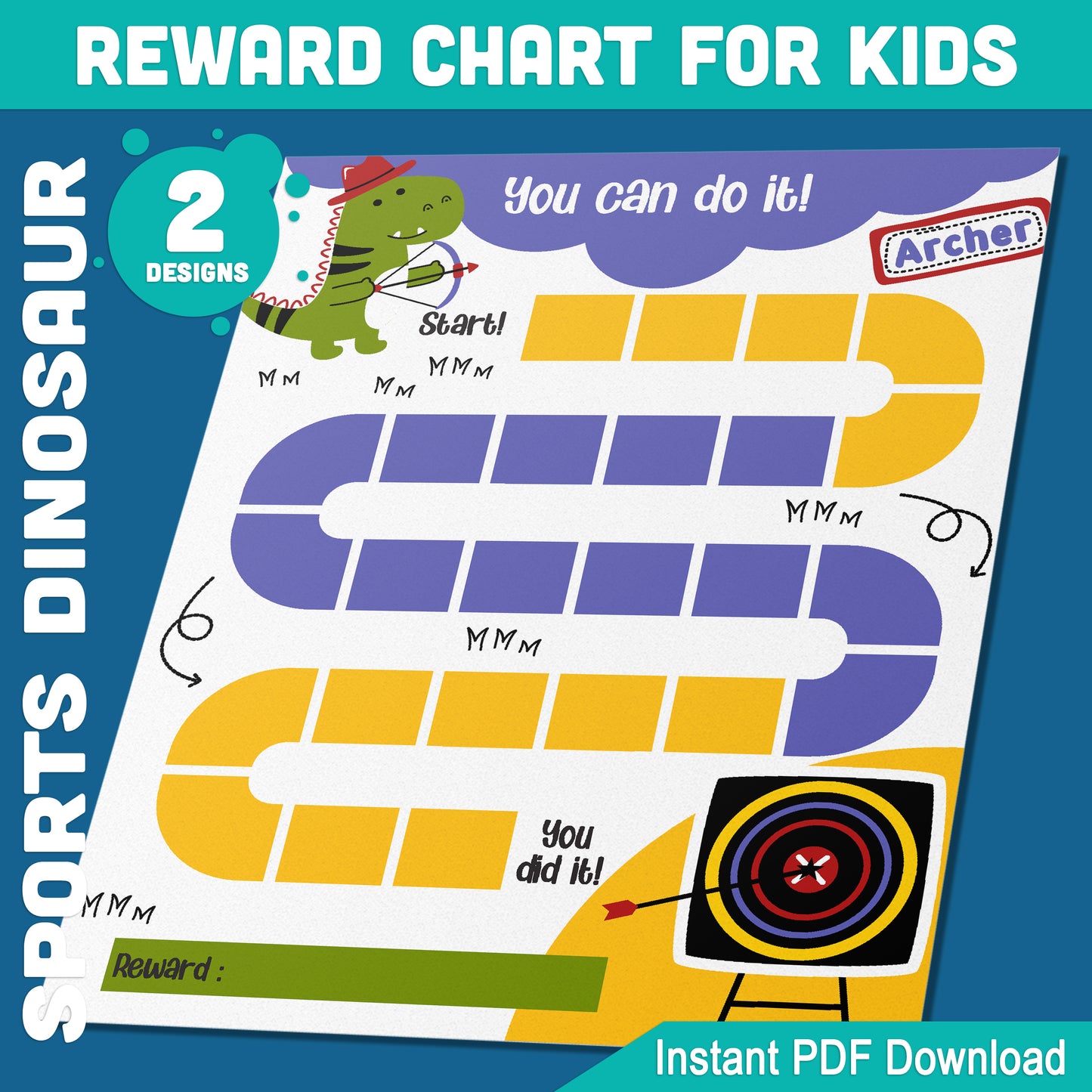 Dinosaur Sports Reward Chart: 2 Engaging Designs for Kids' Motivation & Organization, 8.5x11 Inches, PDF Instant Download