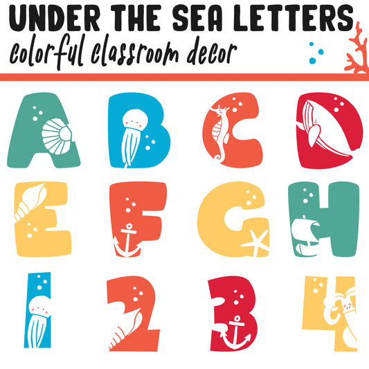 Under the Sea Bulletin Board Letters | A - Z, Letters and Numbers,1 and 2 Per Page, Fun and Colorful Classroom Decor