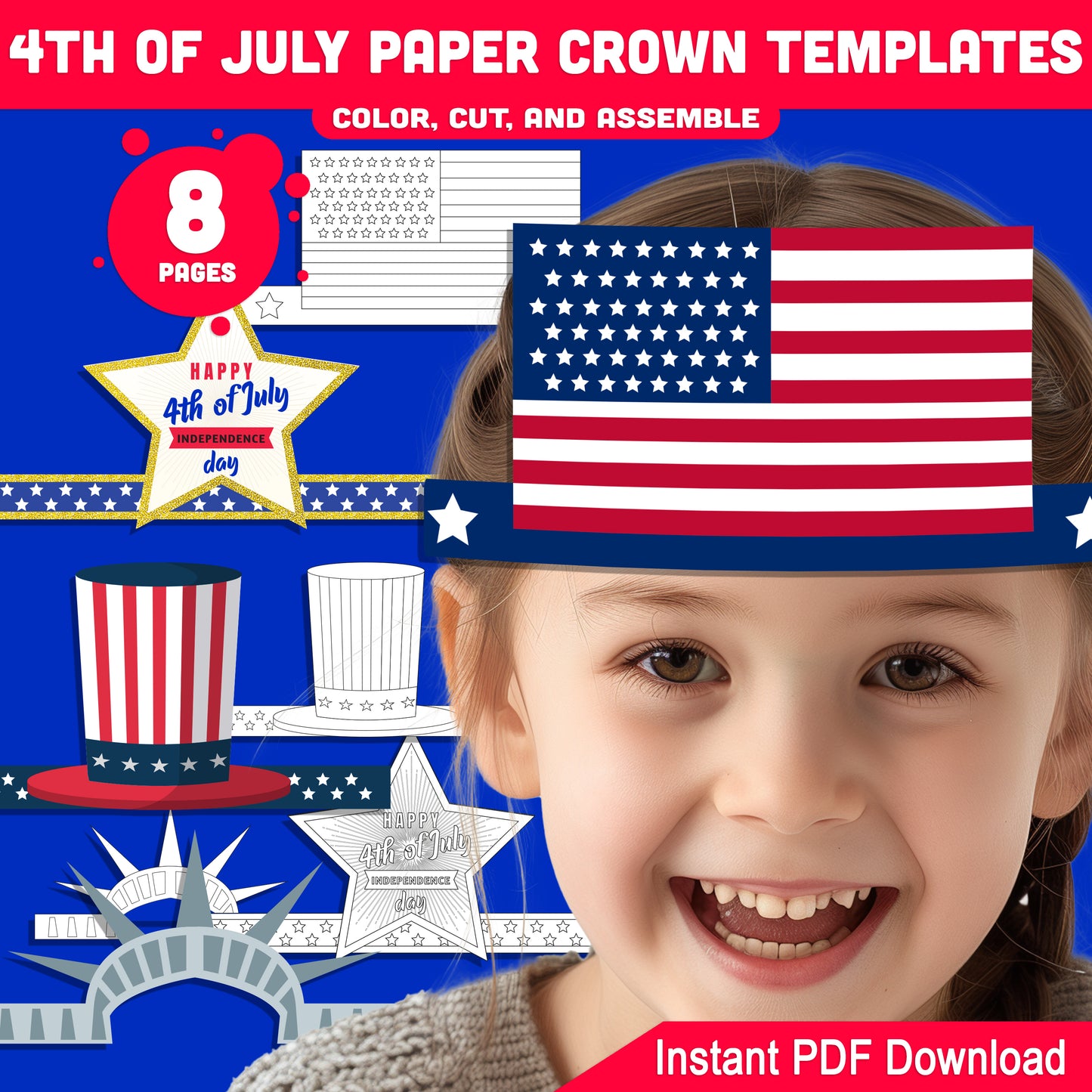 Independence Day Paper Crowns – 4 Printable USA-Themed Hat Designs for Kids in Color & Black & White, Fun Craft for July 4th, 8 Pages
