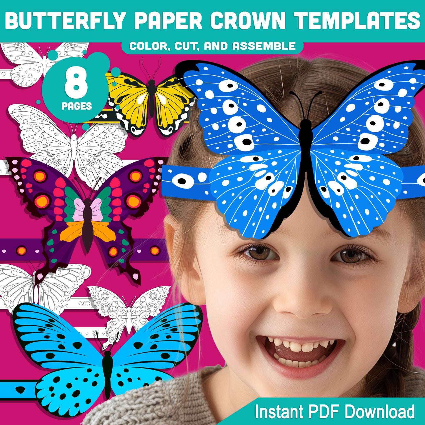 Printable Butterfly Paper Crowns – 4 Adorable Designs for Spring Headband Crafts, Pre-Colored + B&W Versions, 8 Pages for Kids