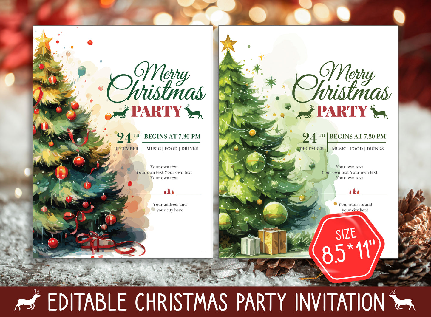 Editable Invitations Christmas Party, Choose from 2 Designs & 2 Sizes (8.5"x11" and 5"x7"), PDF File, Instant Download
