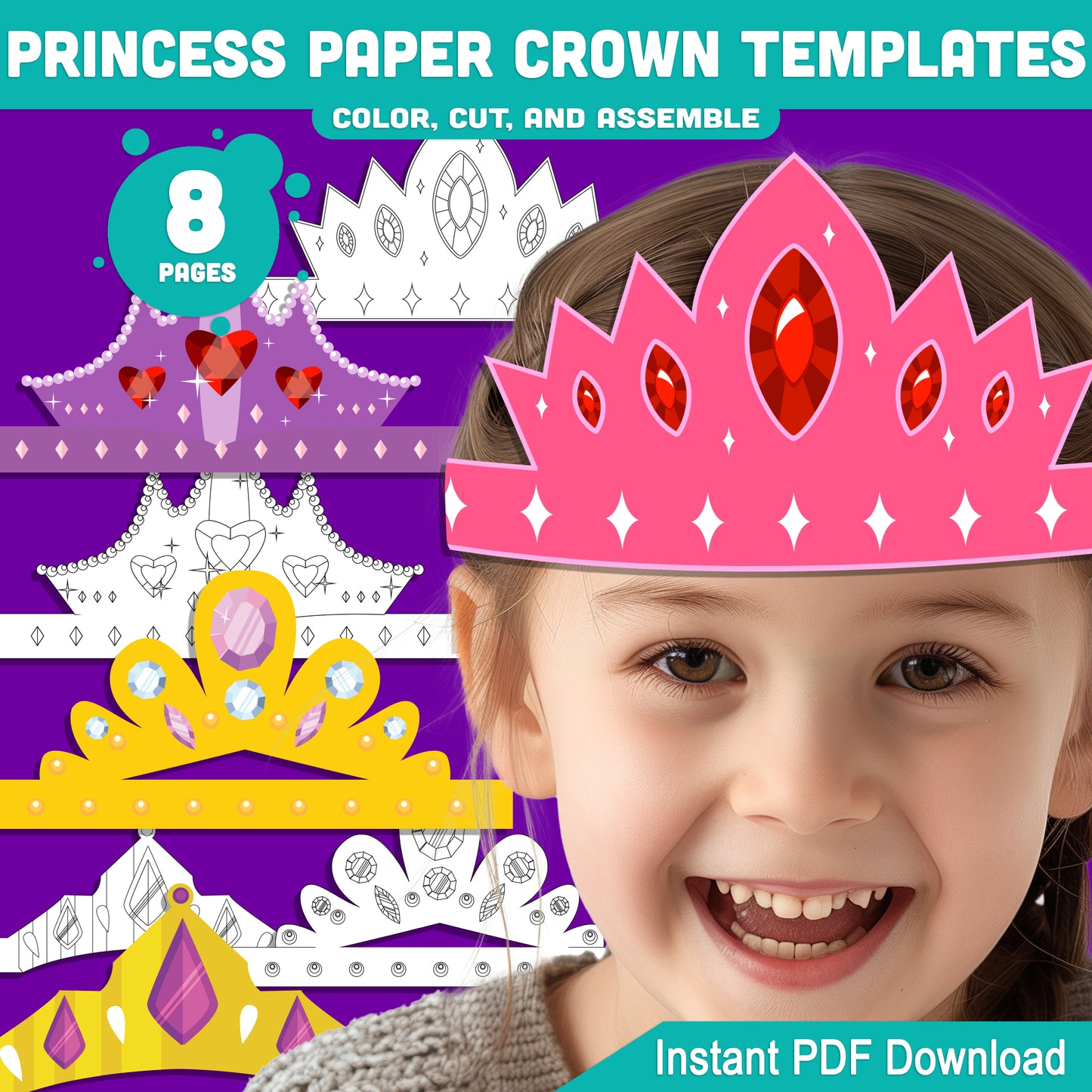 Princess Paper Crowns – 4 Printable Tiara and Royal Hat Designs for Kids, in Color and Black & White, Fun Headband Craft, 8 Pages
