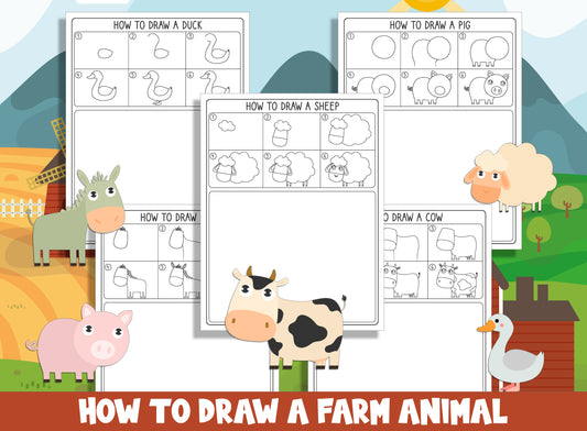 Learn How to Draw Farm Animals (Sheep, Cow, Pig, Horse, Dug), Directed Drawing Step by Step Tutorial + 5 Coloring Pages, Instant Download