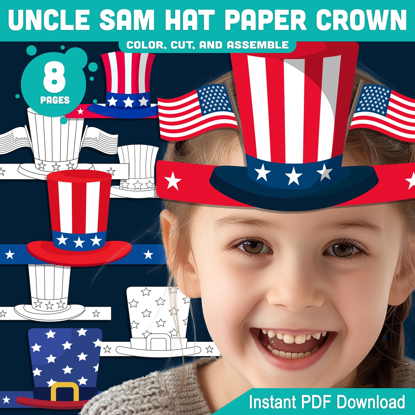 Uncle Sam Paper Hat Crown – Fun USA Patriotic Headband for Preschool & Kindergarten, Party Craft for July 4th or Veterans Day, PDF Download