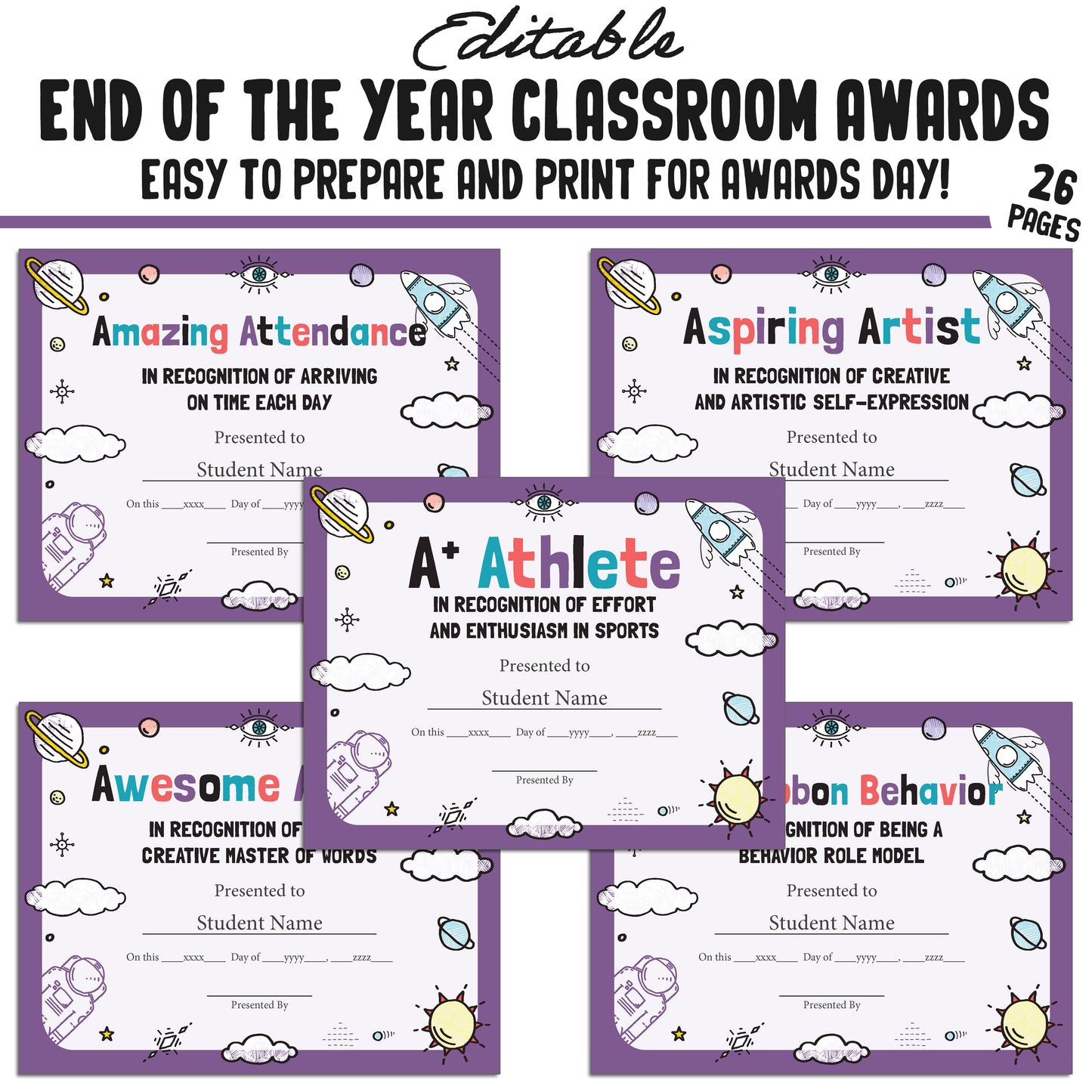 Editable Unique Class Superlatives, Fun Classroom Awards for the End of the School Year, 26 Pages, PDF, Instant Download