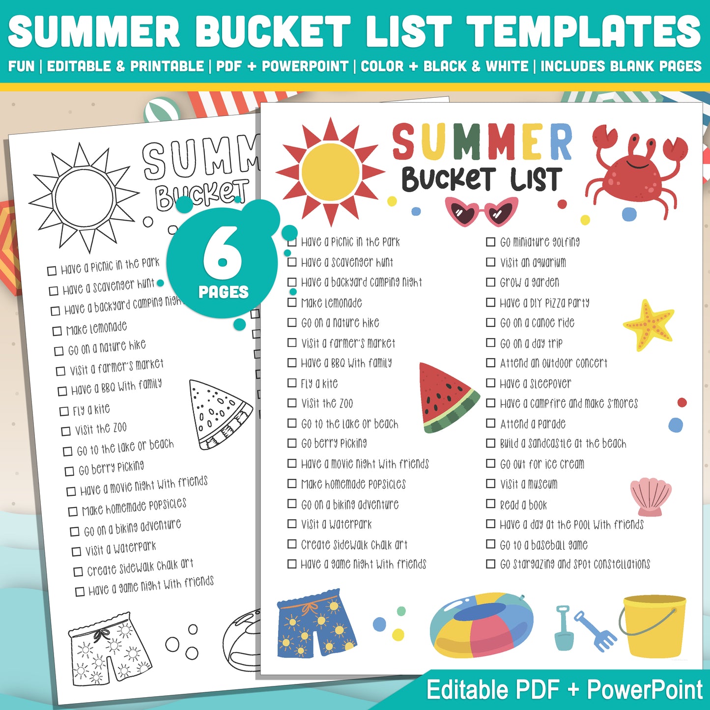 Summer Activity Checklist for Children: Editable Bucket List & Goals Planner PDF and PowerPoint Templates – Fun Black & White Pages Included