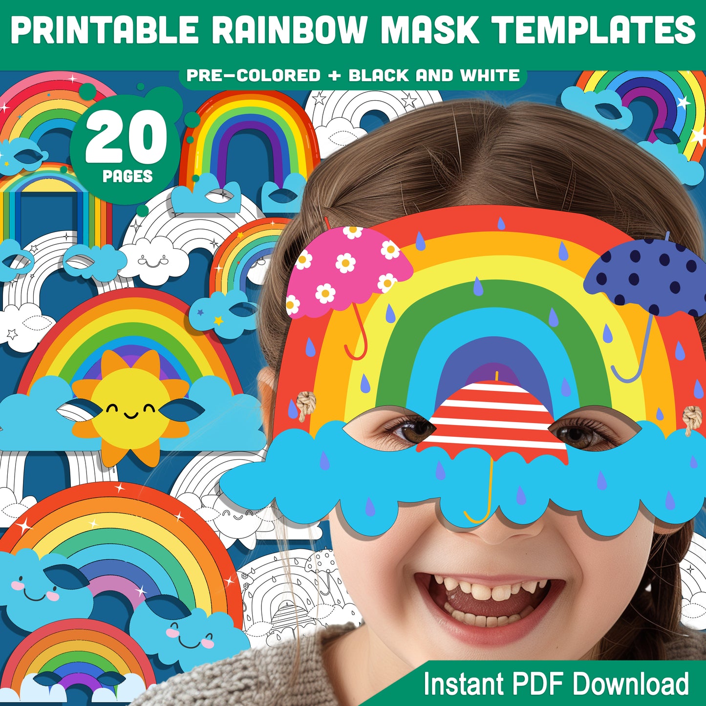Spring-Themed Rainbow Mask Templates: 20 Creative Pages for Kids’ Dress-Up, Featuring Vibrant Colors & DIY Coloring, Perfect for Play & Events, PDF Download