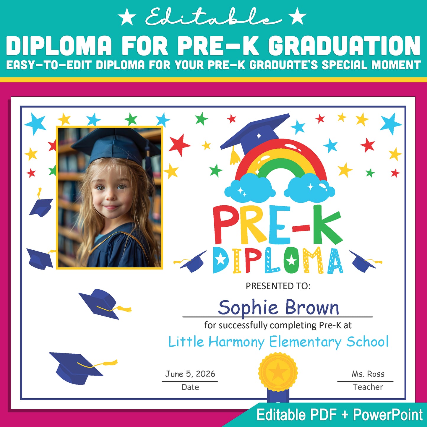 Editable Pre-K Diploma with Photo: Customizable Letter Size PDF + PowerPoint, Perfect for Graduation and End of Year Celebrations