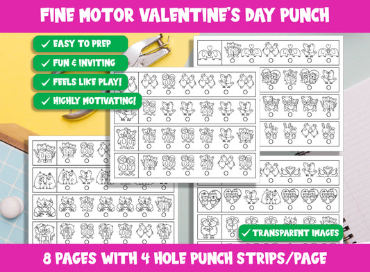 Fine Motor Valentine’s Day Punch, February Hole Punch Activities for Task Boxes & Tubs, 8 Pages, 4 Strips/Page, PDF File, Instant Download.