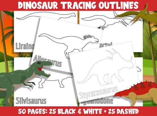 Printable Dinosaur Outline, 25 Blank (Black & White) + 25 Dashed Tracing Outlines Clipart Set, Template / Coloring Sheet for All Grades.