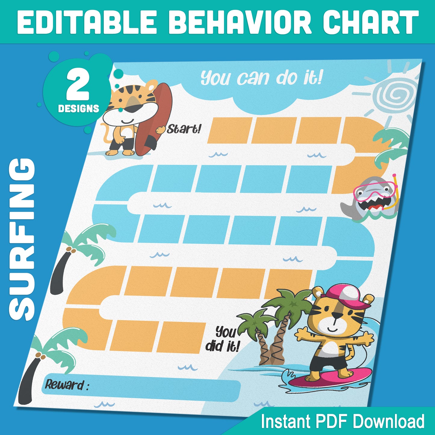 Fun and Editable Animal Surfing Behavior Charts – 2 Designs, 8.5x11 Inches, Instant PDF Download for Kids’ Motivation & Organization