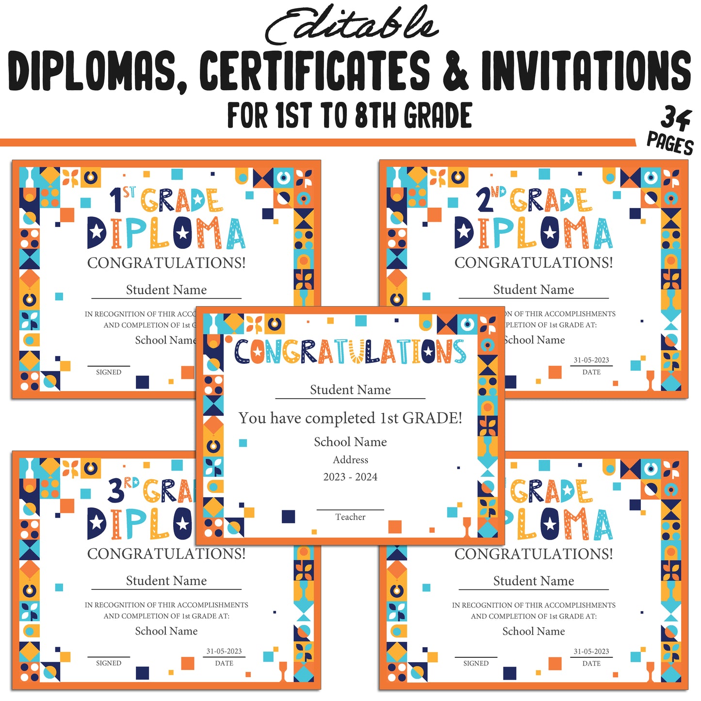 Editable Diplomas for 3rd Grade, Certificates for 1st-8th Grade, and Invitation Templates in a Mosaic Theme - 34 Pages, PDF Instant Download