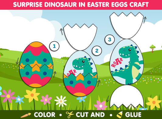 Surprise Dinosaur in Easter Eggs Craft, Spring Activity, Color, Cut & Glue, Available in Color and Coloring Versions, Instant PDF Download