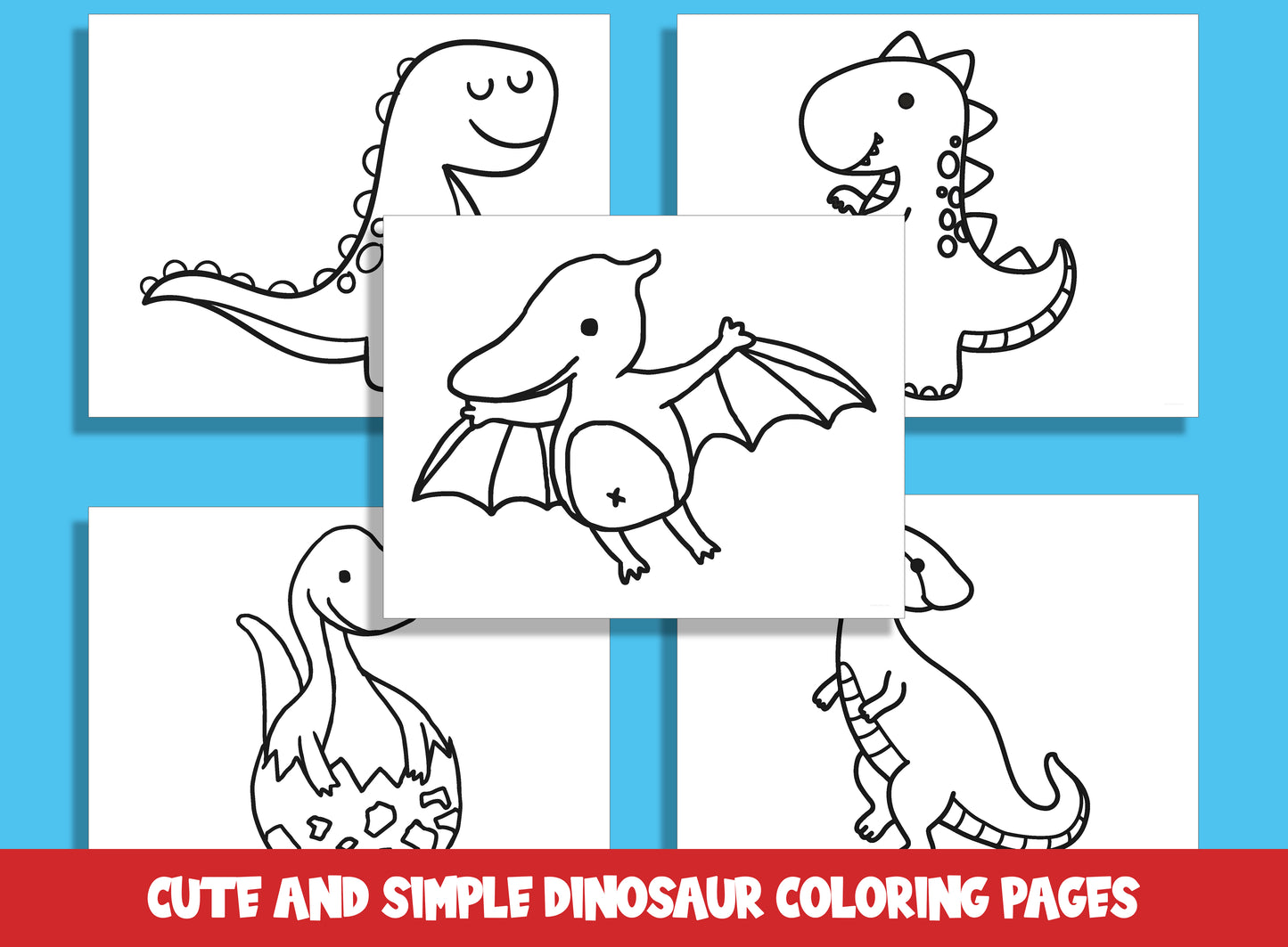 25 Cute and Simple Dinosaur Coloring Pages, Large Size, Thick Border, Perfect for Preschool & Kindergarten, PDF File, Instant Download