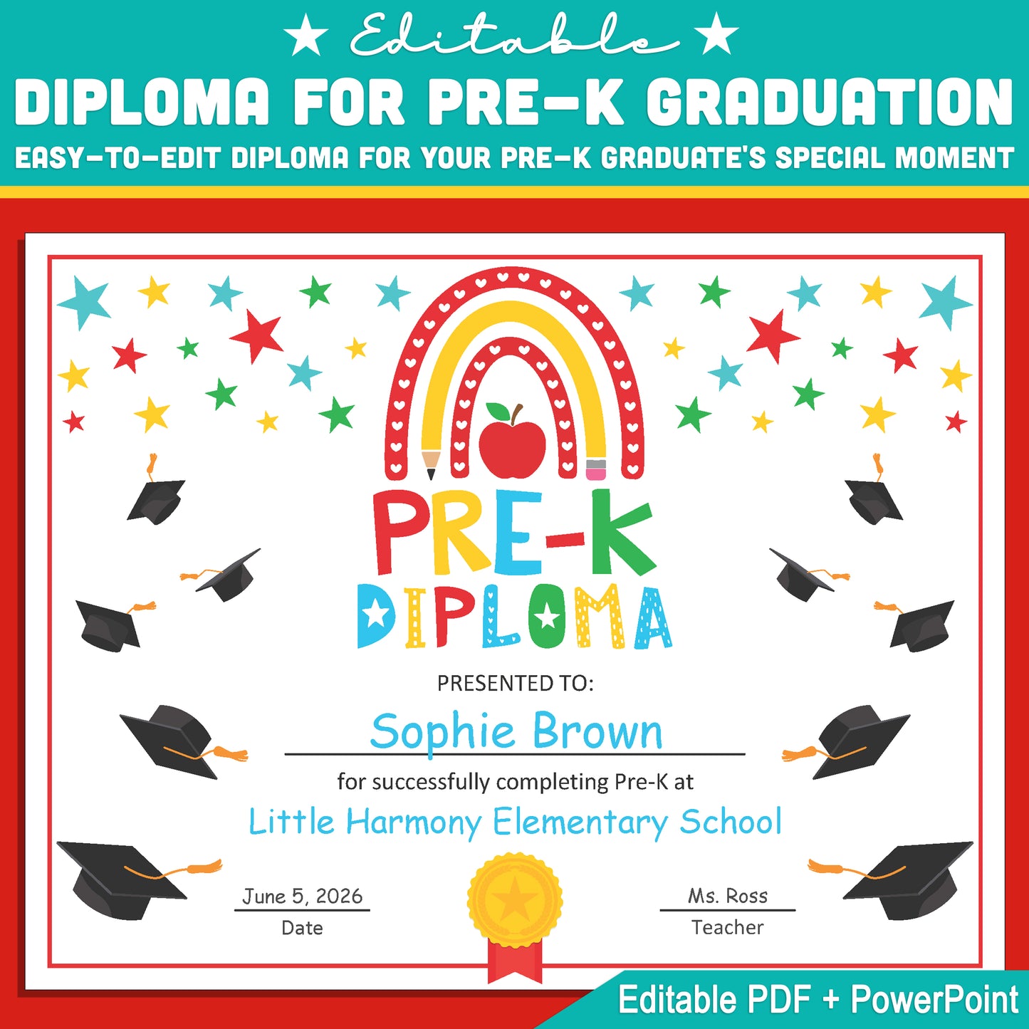 Moving Up Diploma for Pre-K, Editable Rainbow Graduation Award Template, Instant Download in PDF and PowerPoint for School or Home Use