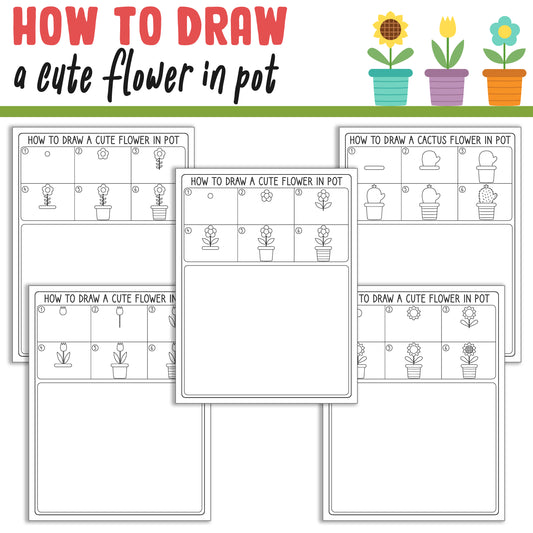 How To Draw a Cute Flower & Cactus in Pot, Directed Drawing Step by Step Tutorial, Includes 5 Coloring Pages, PDF File, Instant Download