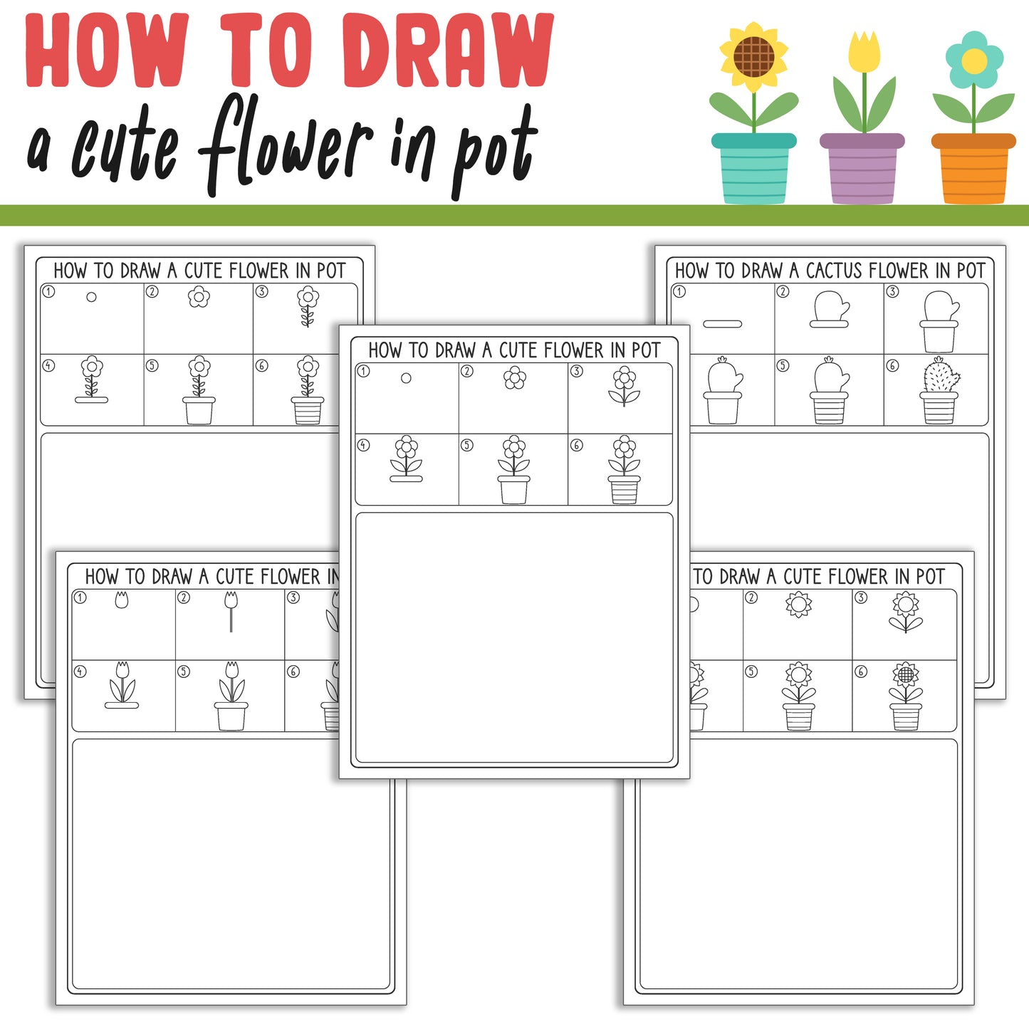 How To Draw a Cute Flower & Cactus in Pot, Directed Drawing Step by Step Tutorial, Includes 5 Coloring Pages, PDF File, Instant Download
