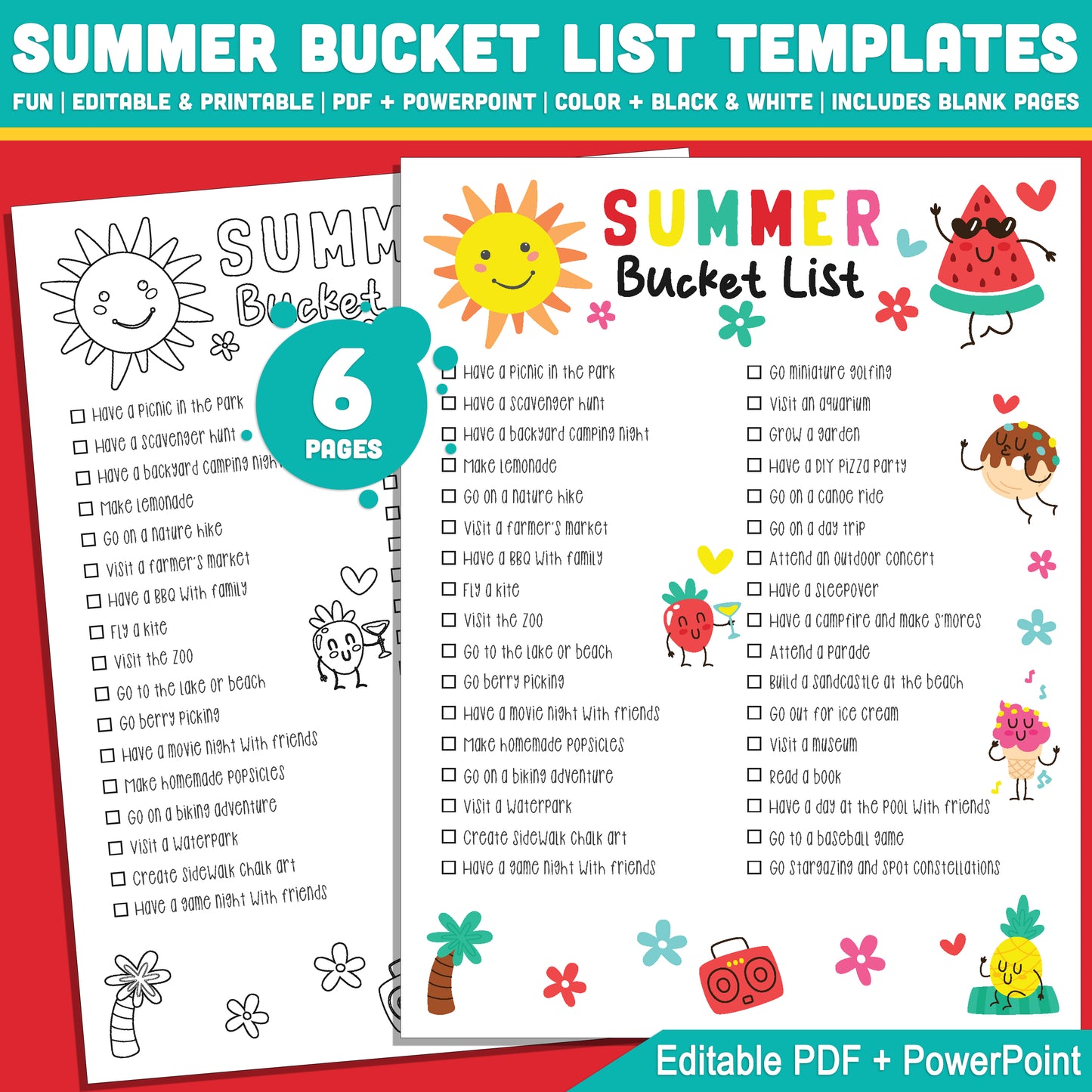 Summer Adventure List for Kids: Printable & Editable Template in PDF and PowerPoint, Includes Pre-Colored, Black and White, and Custom Blank Pages