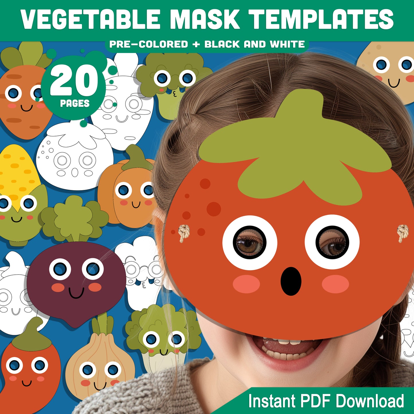 DIY Printable Vegetable Mask Templates: 20 Fun Kids’ Craft Pages, Pre-Colored & Black & White, Featuring Tomato, Broccoli, Bell Pepper, Carrot, Corn, Chili, Radish, Onion, Potato & Chinese Cabbage, Great for Play & Learning, Instant PDF