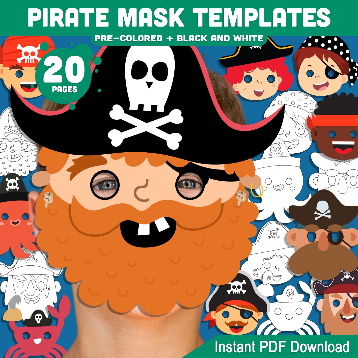Fun Pirate Mask Templates: 20 Printable Designs for Kids, Pre-Colored & Black and White, Ideal for Costumes, Pretend Play, and Events!