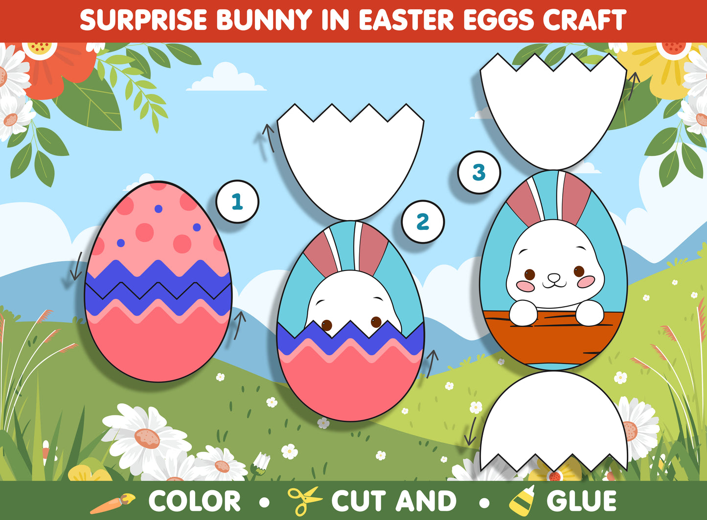 Surprise Bunny in Easter Eggs Craft Activity for Kids - Color, Cut, and Glue, Available in Color and Coloring Versions, Instant PDF Download