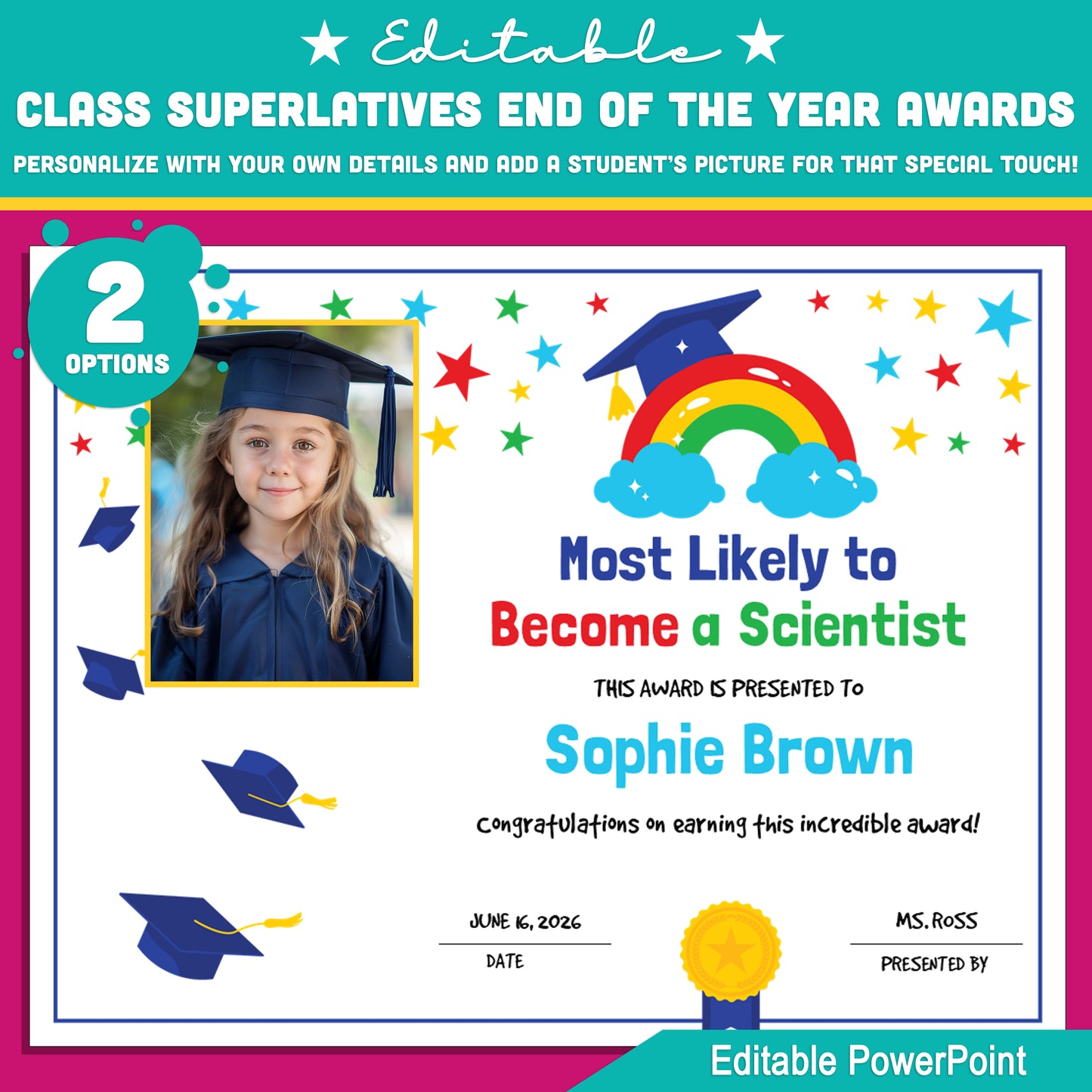 Editable Class Superlatives End of the Year Awards – Personalize Names, Details & Student Photos, PowerPoint Templates (2 Options), Instant Download