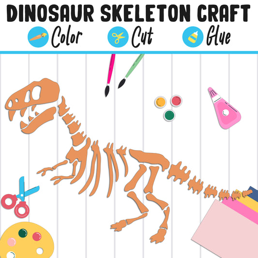 Dinosaur Skeleton Craft : Color, Cut, and Glue, a Fun Activity for 1st to 3rd Grade, PDF Instant Download