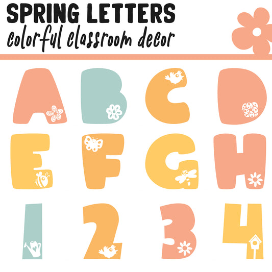 Boho Retro Bulletin Board Letters | Spring Letters | A - Z, Letters and Numbers,1 and 2 Per Page, Colorful Classroom Decor