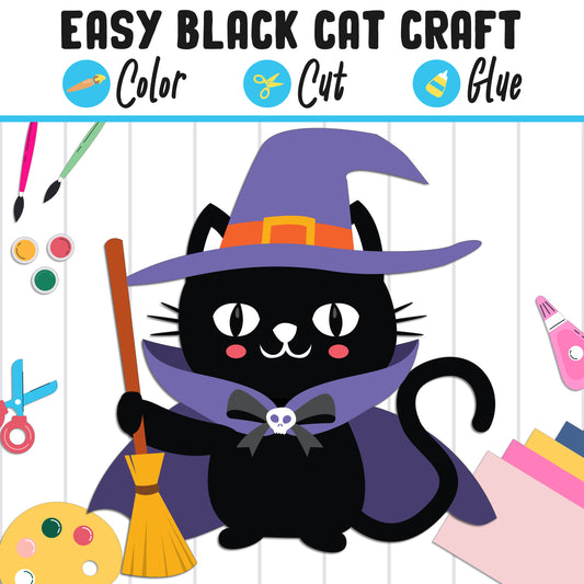Easy Black Cat Craft for Kids: Color, Cut, and Glue, a Fun Activity for Pre K to 2nd Grade, PDF Instant Download