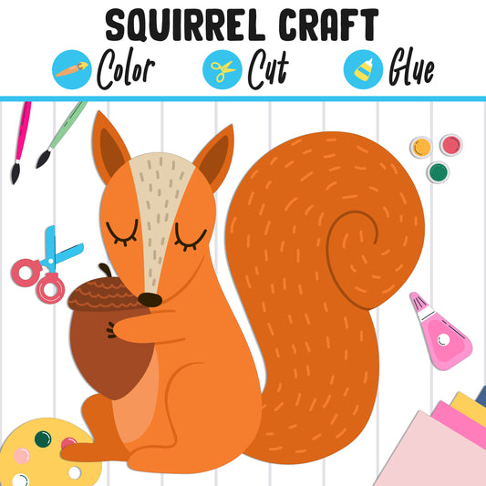 Cute Squirrel Craft Activity: Color, Cut, and Glue, Fun for PreK to 2nd Grade, PDF Instant Download
