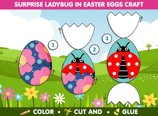 Surprise Ladybug in Easter Eggs Craft, Color, Cut & Glue, Available in Color and Coloring Versions, Instant PDF Download