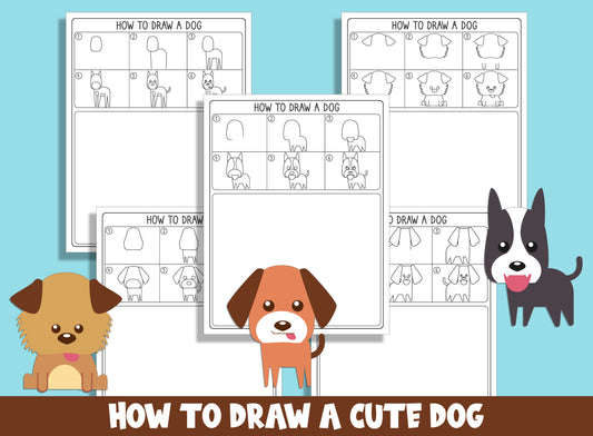 Learn How to Draw a Cute Dog, Puppy Directed Drawing Step by Step Tutorial + 5 Coloring Pages, PDF File, Instant Download