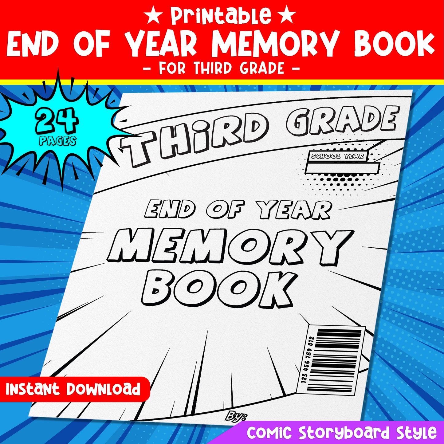 Printable End of the Year Memory Book for Third Grade (3rd grade), Fun Coloring & Writing Comic Keepsake, 24 Pages, PDF Download