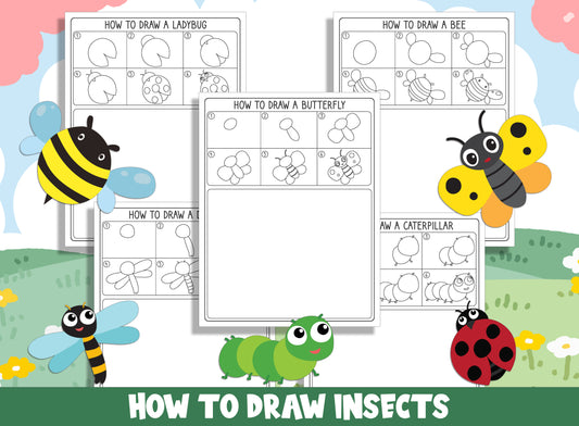 Learn How to Draw Insects (Butterfly, Bee, Ladybug, Dragonfly, Caterpillar), Directed Drawing Step by Step Tutorial + 5 Coloring Pages