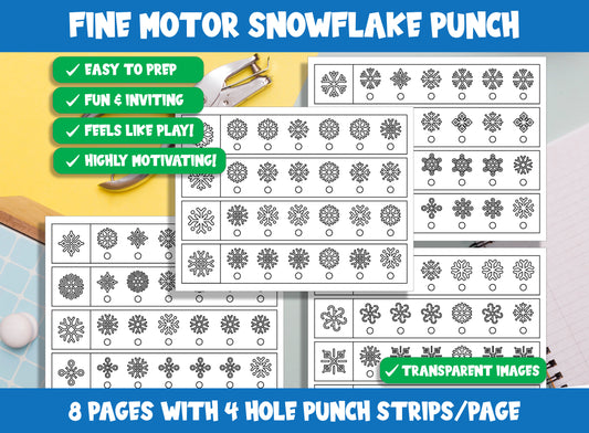 Fine Motor Snowflake Punch, Winter Hole Punch Activities for Task Boxes & Tubs, 8 Pages, 4 Strips/Page, PDF File, Instant Download.
