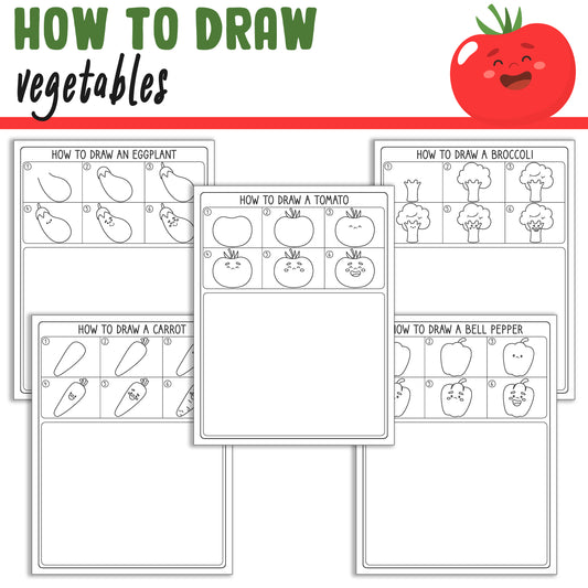 Learn How to Draw Vegetables (Tomato, Bell Pepper, Carrot, Broccoli, Eggplant), Step by Step Tutorial, Includes 5 Coloring Pages