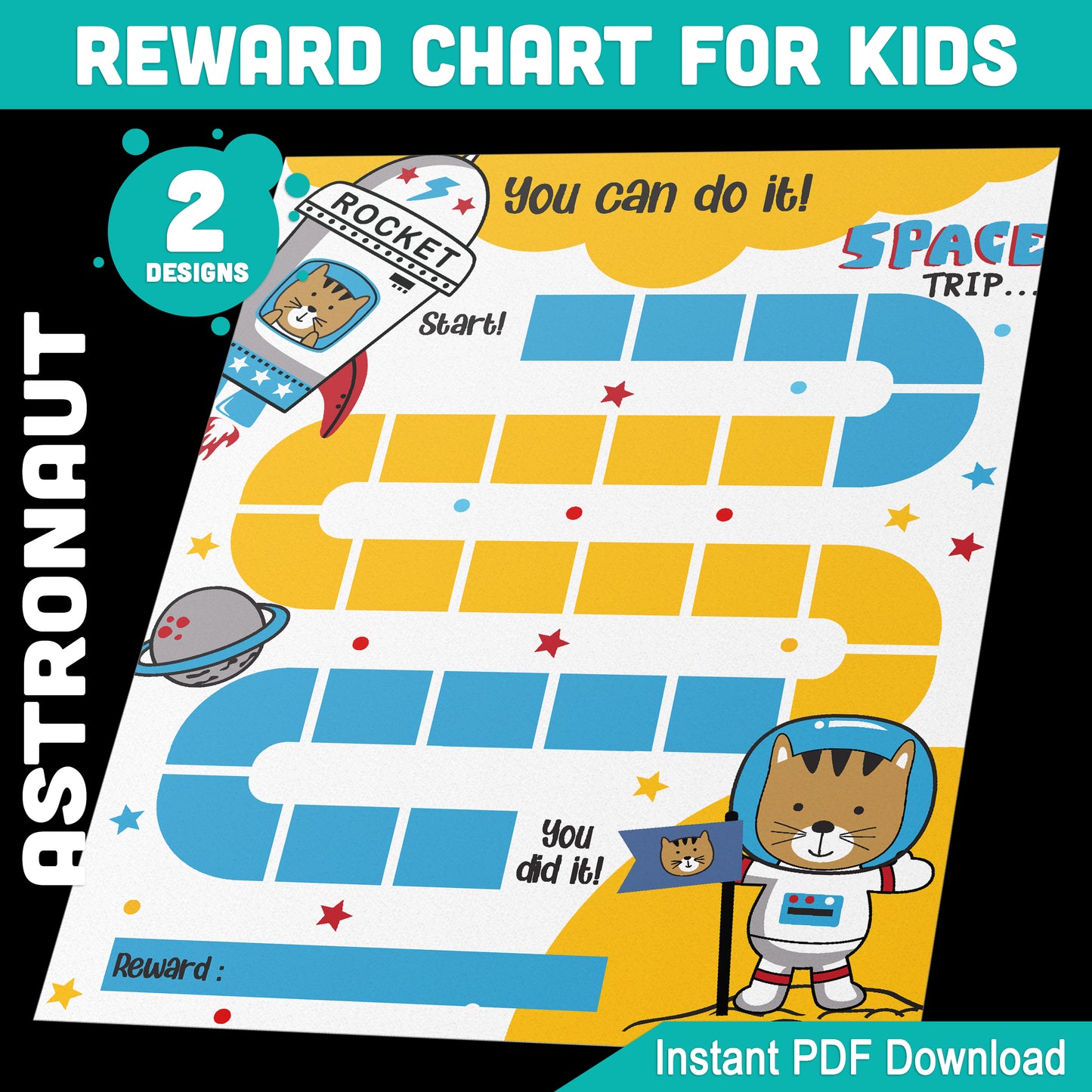 Astronaut Reward Chart: 2 Cute Designs, Perfect for Kids' Motivation & Organization, 8.5x11 Inches, PDF Instant Download